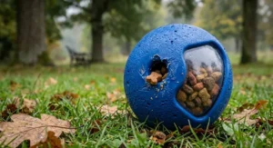 A heavy-duty blue treat-dispensing ball with a clear window showing dog biscuits inside, designed to keep destructive dogs mentally stimulated.