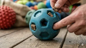 Person filling a blue, durable treat-dispensing rubber ball with dried snacks for dog enrichment.