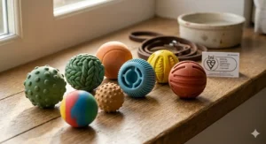 A collection of colourful dog balls meeting UK safety standards for non-toxic materials and dental safety.