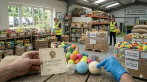 A large variety of colourful dog balls in a warehouse setting, ready for wholesale delivery and bulk orders.