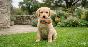 A photorealistic image showing an active yellow Labrador retriever mid-stride in a green British countryside field, focused intently on a high-visibility fetch toy ascending into the air, launched by its owner.