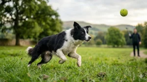 An energetic black and white Border Collie running fast across a grassy park, chasing a tennis ball launched high into the air during overcast British weather.