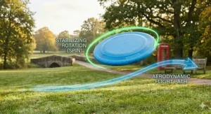 A diagram depicting the aerodynamic flight path and spin required to throw a hard frisbee for dogs accurately.