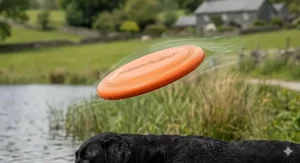 A photorealistic, highly detailed illustration focusing on the specific orange rubber 'AQUAFLIGHT' frisbee as it flies through the air, just moments after being launched. The illustration highlights its special aerodynamic shape, including subtle dimples designed for stability and distance. Airflow lines are visualized as delicate shimmering effects around and behind the frisbee to emphasize its optimized flight. The lighting is soft natural daylight, casting soft highlights on the orange rubber surface and making the textured dimples visible, against a softly blurred background of a natural lake and reeds.