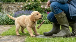 A Black Labrador wading through a lily-covered pond in the British countryside to retrieve a floating wooden stick.