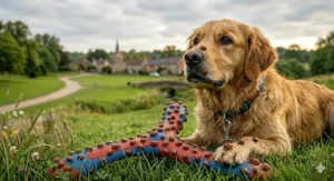 A size guide for the boomerang toy for dogs, featuring common UK breeds like a Jack Russell and a Cocker Spaniel.