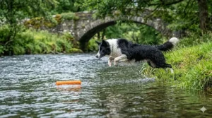 A Border Collie leaping into a river in the UK to retrieve a floating fetch stick during a walk.