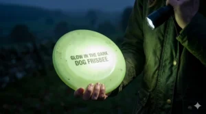 A dog owner charging a phosphorescent frisbee under a bright torch to prepare for an evening play session.