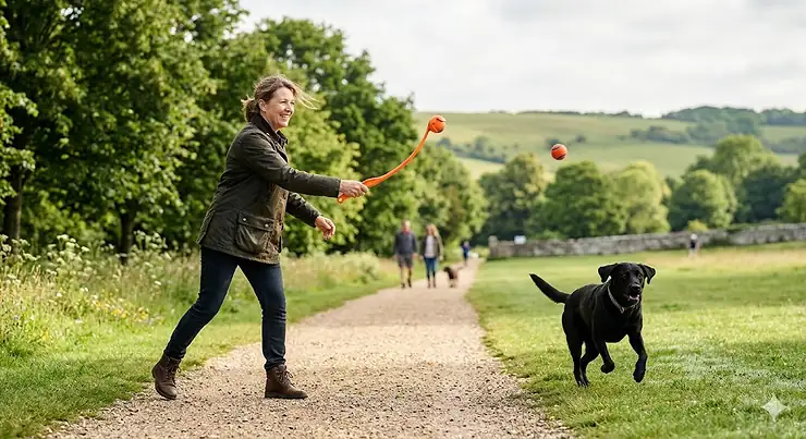 Person using a Chuckit! ball launcher to throw a tennis ball for a dog in a park. chuckit ball launcher
