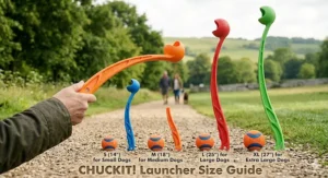 Size comparison chart showing different Chuckit! ball launcher models.