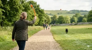 A long-distance throw using a Chuckit! launcher on a large grass field.