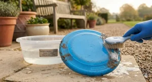 An instructional graphic showing the best way to clean a hard frisbee for dogs after a muddy woodland or park walk.