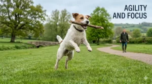 A brown Cockapoo running through a leaf-covered British woodland trail while carrying a large, natural wooden stick.