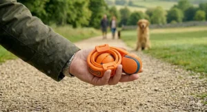 A portable, compact Chuckit! ball launcher being carried easily by hand.