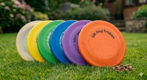 A lineup of six different coloured competition dog frisbee discs, ranging from white, yellow, green, blue, and purple to an orange disc, placed on a manicured green lawn with a small pile of dog treats in the foreground.