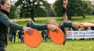 A high-detail photorealistic illustration showing multiple close-up views of a handler's hands and an orange competition dog frisbee, demonstrating different throwing techniques including a standard backhand grip and a forehand grip. Natural light illuminates the hand details and disc texture.