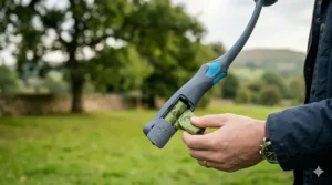 Close-up of the launcher handle featuring integrated storage for spare dog poo bags.