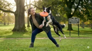 Step-by-step visual of the fetch and release command using a disc dog training frisbee to encourage good habits.