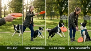 Illustration of the handler's ideal stance and body language during a disc dog training frisbee workout.