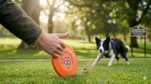 Illustration showing the roller technique to teach your dog how to chase and grab a disc dog training frisbee on the lawn.