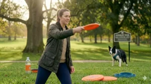 Canine warm-up and stretching illustration to ensure safety before a disc dog training frisbee session in the UK.