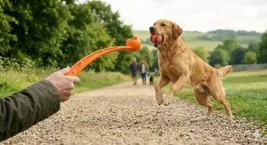 Happy dog catching a ball launched by a Chuckit! toy in a British park.