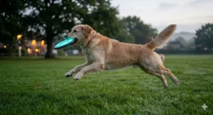 A happy dog leaping in the local park at dusk to catch a glow in the dark frisbee for dogs.