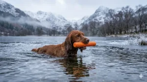 A hardy spaniel retrieving a floating fetch stick from a cold lake during a winter walk in the UK countryside.