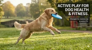 An illustration of a healthy dog leaping mid-air to catch a hard frisbee for dogs on a lush green playing field.