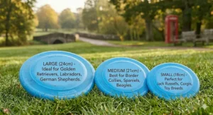 A sizing chart illustrating how to choose the right hard frisbee for dogs, from smaller spaniels to larger retrievers.