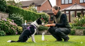 A photorealistic 4K illustration capturing a training session in a typical lush, suburban UK garden. The handler, wearing her green technical gilet, is crouched low, teaching the black and white Border Collie, wearing its purple harness, to retrieve the orange competition frisbee. Soft, diffused natural light illuminates the manicured grass, garden hedging, and brickwork of the house and conservatory in the background.