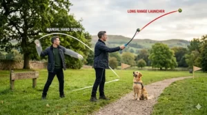 Diagram in Oakhaven Park showing the dramatic increase in throwing distance of the long-range dog ball launcher compared to a standard hand throw.