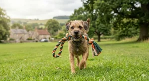 A happy terrier chasing a rope fetch toy across a grassy park in the UK.