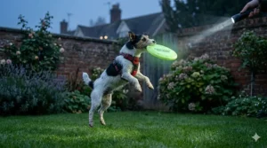 A Jack Russell Terrier jumping to catch a glowing disc in a typical British back garden at twilight.