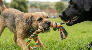 Two dogs playing a friendly game of tug-of-war with a durable rope toy.