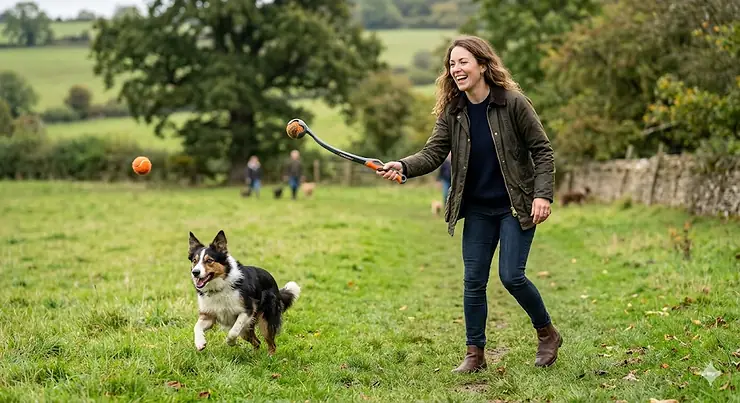A person using a dog ball launcher to throw a tennis ball for a golden retriever in a park. dog ball launcher