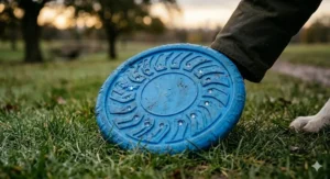 Close-up of a robust, bite-resistant LED frisbee for dogs made from non-toxic rubber.