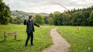 A lightweight, durable plastic dog ball launcher being used in an open field.