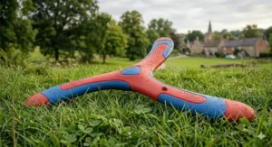 A technical drawing of a heavy-duty rubber boomerang toy for dogs designed to withstand tough chewing and outdoor play.
