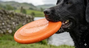 A hyper-photorealistic close-up illustration focusing on a wet, sandy black Labrador's mouth holding the bright orange 'AQUAFLIGHT' rubber frisbee. The Labrador's teeth gently grip the soft, textured edge of the floating dog frisbee, with water droplets glistening on the rubber, whiskers, and muzzle. The texture of the rubber, the dog's fur, and the wet sand particles are rendered in ultra-high 4K detail against a softly blurred park background.