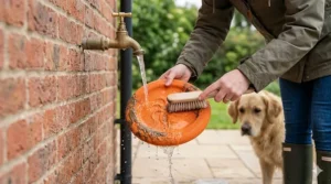 An illustration of a dog owner rinsing mud off a waterproof floating frisbee under a garden tap.