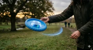 Graphic demonstrating the aerodynamic rim of an LED frisbee for easy throwing in windy British weather.