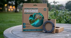 The glow in the dark frisbee for dogs presented in eco-friendly, recyclable UK packaging with an included lead.