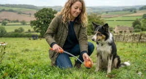 A border collie mid-sprint across a field chasing a ball thrown by a dog ball launcher.