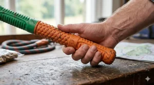 An ergonomic close-up focusing on a man’s hand gripping a specific orange and green rubber fetch stick, highlighting how the contoured, textured handle fits naturally into the palm and between the fingers.