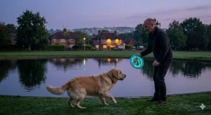 A pet owner enjoying a safe, illuminated evening walk and game of fetch with a glow in the dark frisbee for dogs.