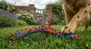 A family playing with their pet in a suburban back garden using a boomerang toy for dogs for interactive bonding.