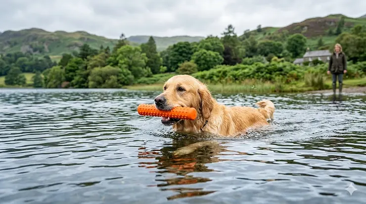 A candid, photorealistic hero image of a happy Golden Retriever swimming through a calm British lake during a misty morning, holding a bright orange floating fetch stick in its mouth. floating fetch stick