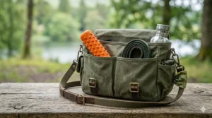 A lightweight floating fetch stick tucked into a dog walker's bag alongside a lead and water bottle.