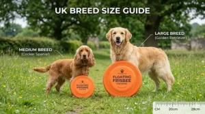 Size guide comparing the floating frisbee against common UK breeds like a Spaniel and a Golden Retriever.
